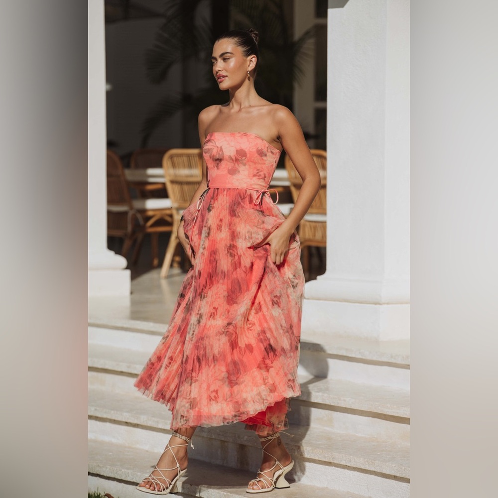 Hutch Coral Floral Strapless Pleated Midi Dress - Picture 7 of 9